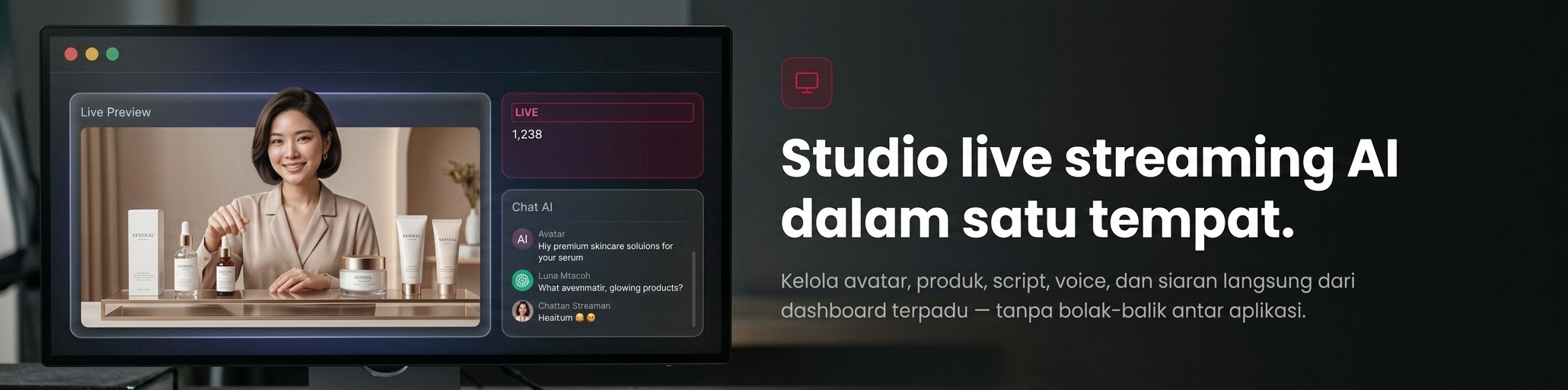 Studio live streaming AI dalam satu tempat.